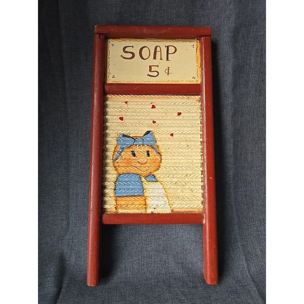 Handpainted Vintage Columbus Washboard Co Wood & Metal Red Ginerbread Mom Soap